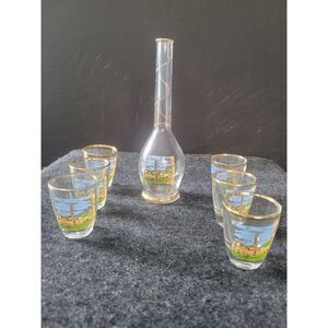 Rare Vintage Italian Pompei Scavi Gilded Glass bottle and 6 shot glasses